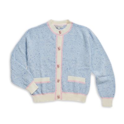 Round Neck Long Sleeves Cardigan Trims Blue Pink Cream