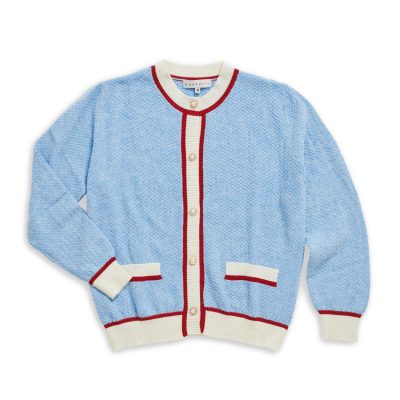 Round Neck Long Sleeves Cardigan Trims Blue Red Cream